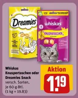 REWE Whiskas Knuspertaschen oder Dreamies Snack Angebot