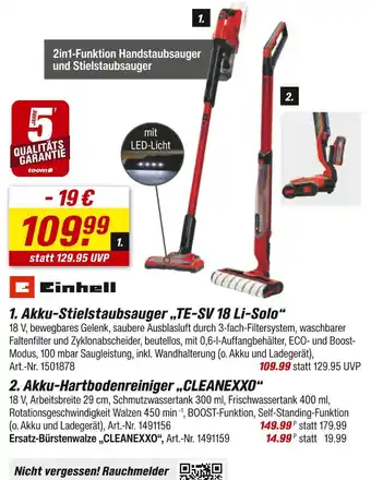 toom Baumarkt Einhell akku-stielstaubsauger oder akku-hartbodenreiniger Angebot