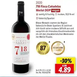 Lidl 718 Finca Cañadelas Merlot DOP vegan Angebot