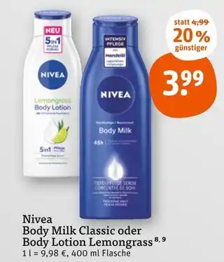 tegut Nivea body milk classic oder body lotion lemongrass Angebot