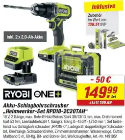 toom Baumarkt RYOBI ONE + Akku-Schlagbohrschrauber „Heimwerker-Set RPD18-2C20TAH" Angebot