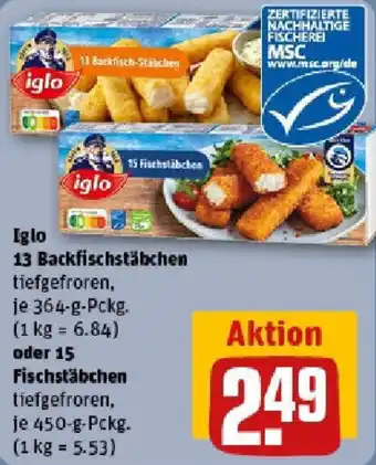 REWE Iglo 13 Backfischstäbchen oder 15 Fischstäbchen Angebot