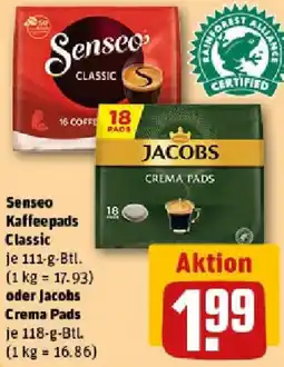 REWE Senseo Kaffeepads Classic oder Jacobs Crema Pads Angebot