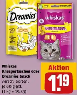 REWE Whiskas Knuspertaschen oder Dreamies Snack Angebot