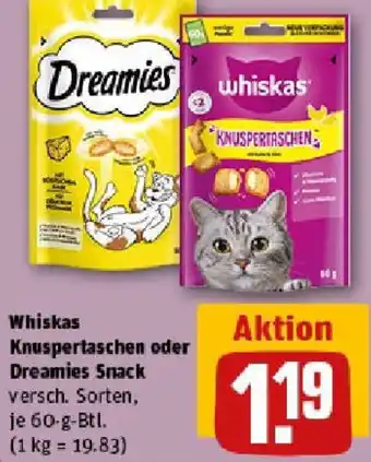 REWE Whiskas Knuspertaschen oder Dreamies Snack Angebot