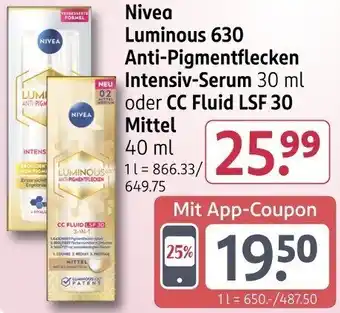 Rossmann Nivea Luminous 630 Anti-Pigmentflecken Intensiv-Serum oder CC Fluid LSF 30 Mittel Angebot