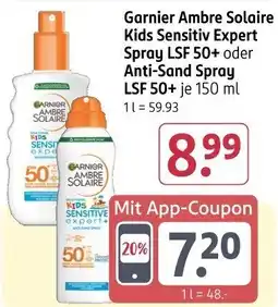 Rossmann Garnier Ambre Solaire Kids Sensitiv Expert Spray LSF 50+ oder Anti-Sand Spray LSF 50+ Angebot