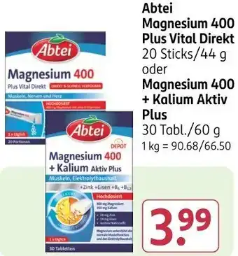 Rossmann Abtei Magnesium 400 Plus Vital Direkt oder Magnesium 400 + Kalium Aktiv Plus Angebot