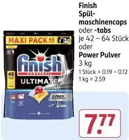 Rossmann Finish Spülmaschinencaps oder -tabs oder Power Pulver Angebot