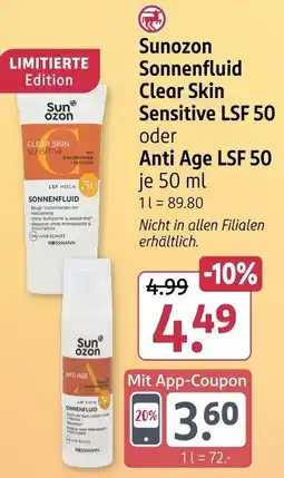 Rossmann Sunozon Sonnenfluid Clear Skin Sensitive LSF 50 oder Anti Age LSF 50 Angebot