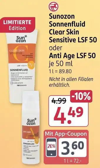 Rossmann Sunozon Sonnenfluid Clear Skin Sensitive LSF 50 oder Anti Age LSF 50 Angebot