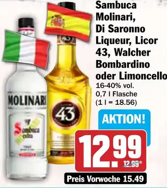 Hit Sambuca Molinari, Di Saronno Liqueur, Licor 43, Walcher Bombardino oder Limoncello Angebot
