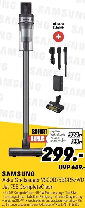 MEDIMAX SAMSUNG Akku-Stielsauger VS20B75BCR5/WD Jet 75E CompleteClean Angebot
