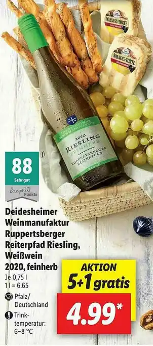 Lidl Deidesheimer Weinmanufaktur Ruppertsberger Reiterpfad Riesling, Weißwein 2020, Feinherb Angebot