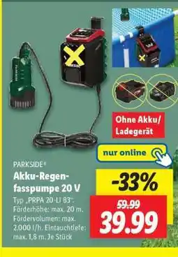 Lidl PARKSIDE Akku-Regenfasspumpe, 20 V Angebot