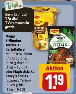 REWE Maggi 5 Minuten Terrine XL Kartoffelbrei oder Magic Asia XL Saucy Noodles Angebot