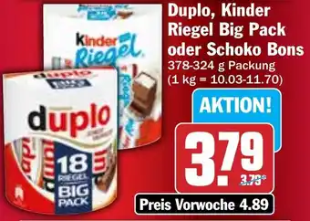 Hit Duplo, Kinder Riegel Big Pack Riegel oder Schoko Bons Angebot