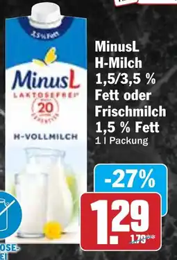 Hit Minusl 1,5/3,5% Fett oder Frischmilch 1,5% Fett Angebot