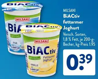 Aldi Süd MILSANI BiACtiv fettarmer Joghurt Angebot