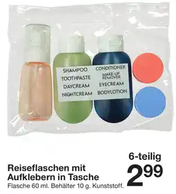 Zeeman Reiseflaschen mit Aufklebern in Tasche Angebot