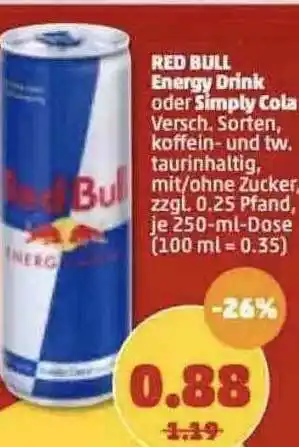 PENNY Red Bull Energy Drink Oder Simply Cola Angebot