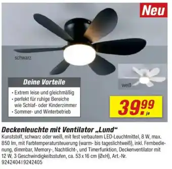 toom Baumarkt Deckenleuchte mit Ventilator „Lund" Angebot