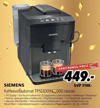 MEDIMAX Siemens kaffeevollautomat tp511d09 eq500 classic Angebot