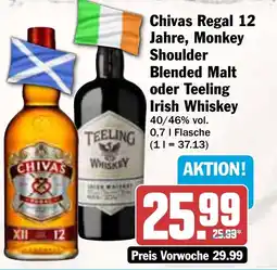 AEZ Chivas Regal 12 Jahre, Monkey Shoulder Blended Malt oder Teeling Irish Whiskey 40/46% vol. 0,7 | Flasche (1=37.13) Angebot
