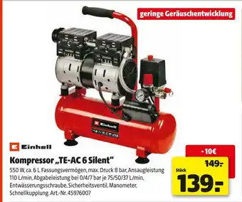 Hagebau Einhell kompressor „te-ac 6 silent“ Angebot