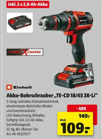 Hagebau Einhell akku-bohrschrauber „te-cd 18/45 3x-li” Angebot