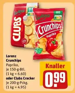 REWE Lorenz Crunchips Paprika oder Clubs Cracker Angebot