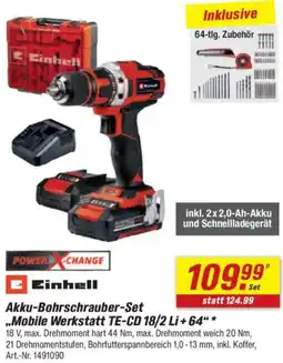 toom Baumarkt Einhell Akku-Bohrschrauber-Set „Mobile Werkstatt TE-CD 18/2 Li+64" Angebot