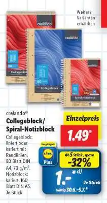Lidl crelando Collegeblock/Spiral-Notizblock Angebot