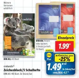 Lidl crelando Zeichenblock/5 Schulhefte Angebot