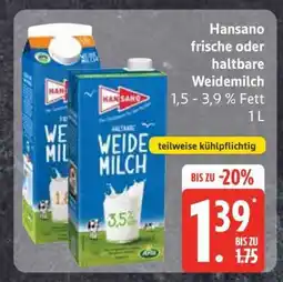 Edeka Hansano frische oder haltbare Weidemilch Angebot
