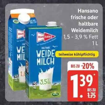 Edeka Hansano frische oder haltbare Weidemilch Angebot