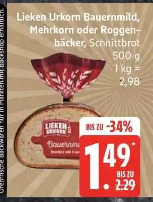Edeka Lieken Urkorn Bauernmild, Mehrkorn oder Roggenbäcker, Schnittbrot Angebot