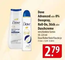 Famila Nord Ost Dove Advanced oder 0% Deospray, Roll-On, Stick oder Duschcreme Angebot
