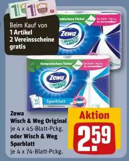 REWE Zewa Wisch Weg Original je 4 x 45 - Blatt Pckg . oder Wisch Weg Sparblatt je 4 x 74 - Blatt - Pckg Angebot
