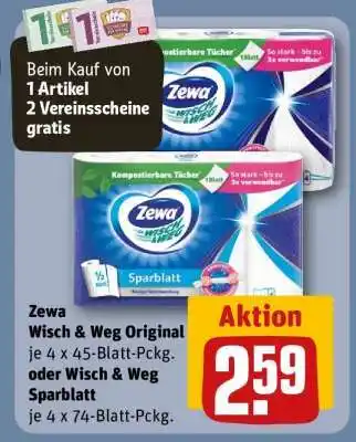 REWE Zewa Wisch Weg Original je 4 x 45 - Blatt Pckg . oder Wisch Weg Sparblatt je 4 x 74 - Blatt - Pckg Angebot