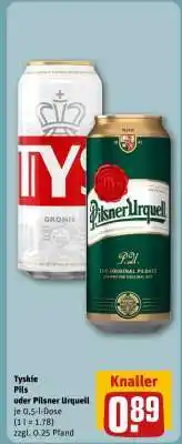 REWE Tyskie Pils oder Pilsner Urquell Angebot