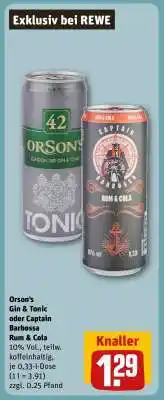 REWE Orson's Gin & Tonic oder Captain Barbossa Rum & Cola Angebot