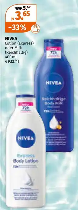 Müller Nivea lotion (express) oder milk (reichhaltig) Angebot
