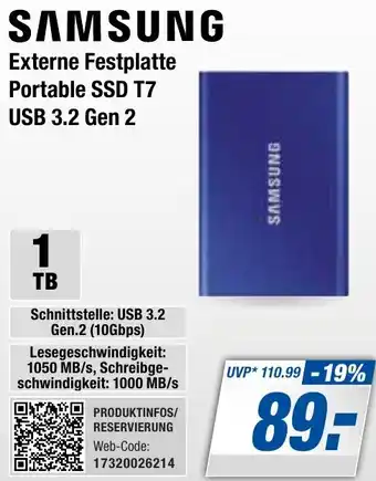 Expert Bening SAMSUNG Externe Festplatte Portable SSD T7 USB 3.2 Gen 2 Angebot