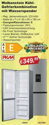 Stabilo Fachmarkt PKM Wolkenstein Kühl Gefrierkombination mit Wasserspender Angebot