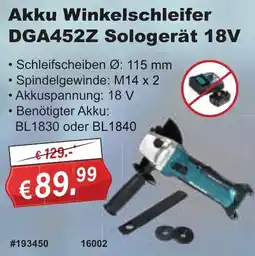 Stabilo Fachmarkt Makita Akku Winkelschleifer DGA452Z Sologerät 18V Angebot