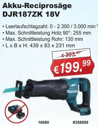 Stabilo Fachmarkt Makita Akku-Reciprosäge DJR187ZK 18V Angebot