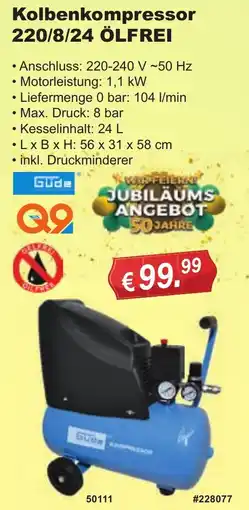 Stabilo Fachmarkt Güde Kolbenkompressor 220/8/24 ÖLFREI Angebot