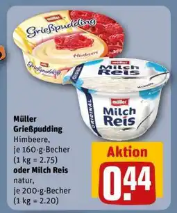 REWE Müller Grießpudding Himbeere oder Milch Reis natur Angebot