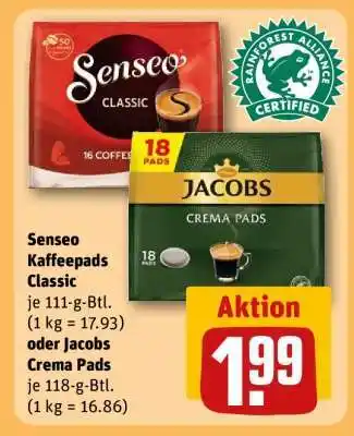 REWE Senseo Kaffeepads Classic oder Jacobs Crema Pads Angebot